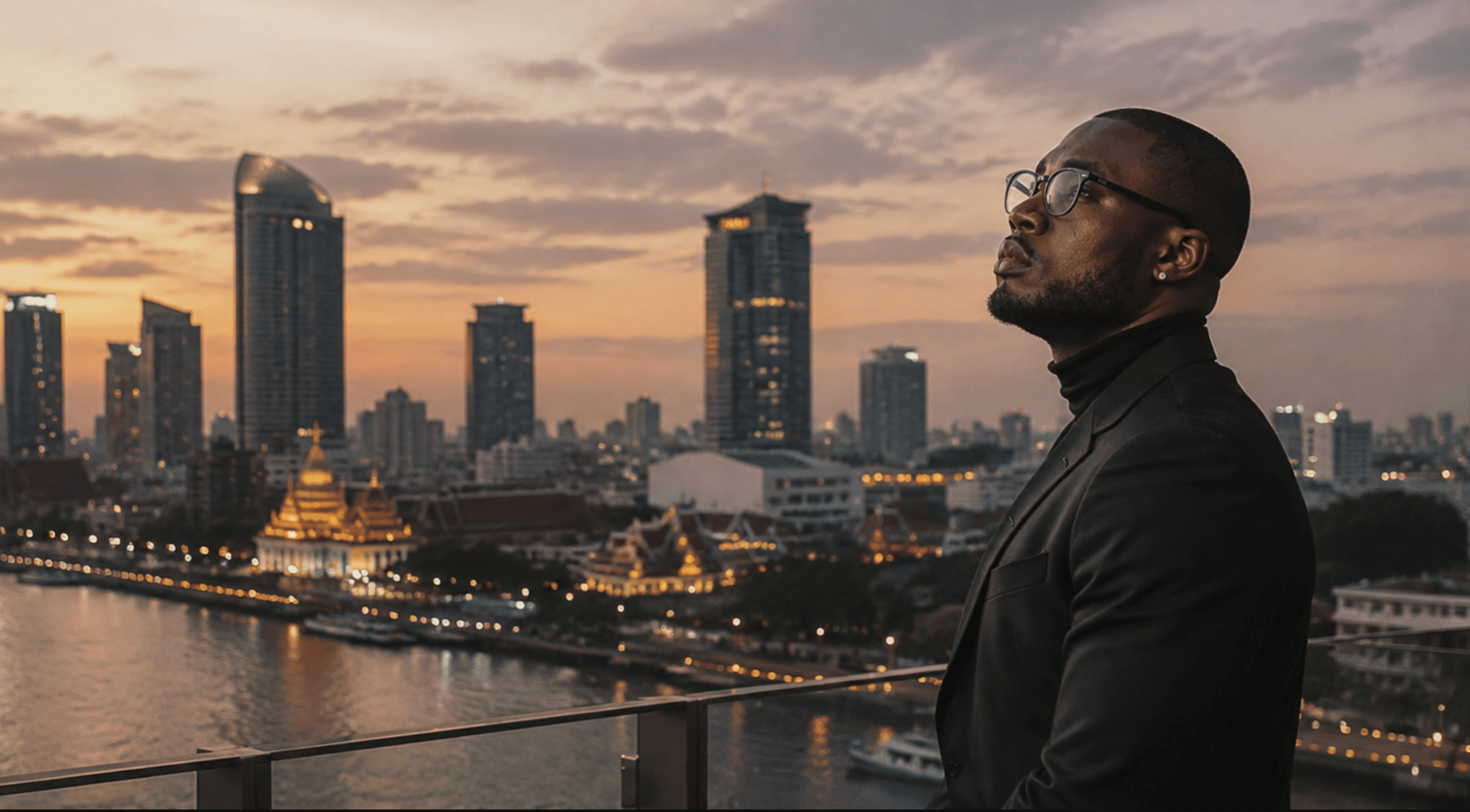 Founder of Tonle Systems on a rooftop overlooking the city at sunset